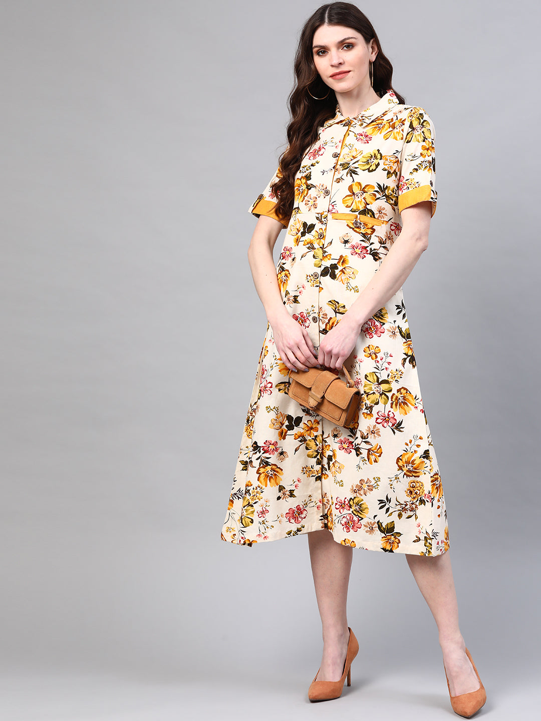 Women Off-White & Yellow Linen Printed Shirt Dress