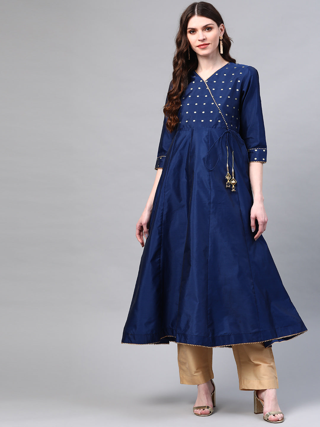 Women Navy Blue & Golden Yoke Design Angrakha Anarkali Kurta