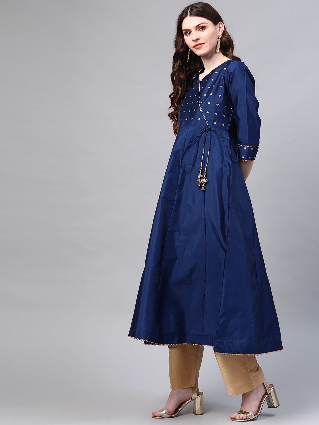 Women Navy Blue & Golden Yoke Design Angrakha Anarkali Kurta