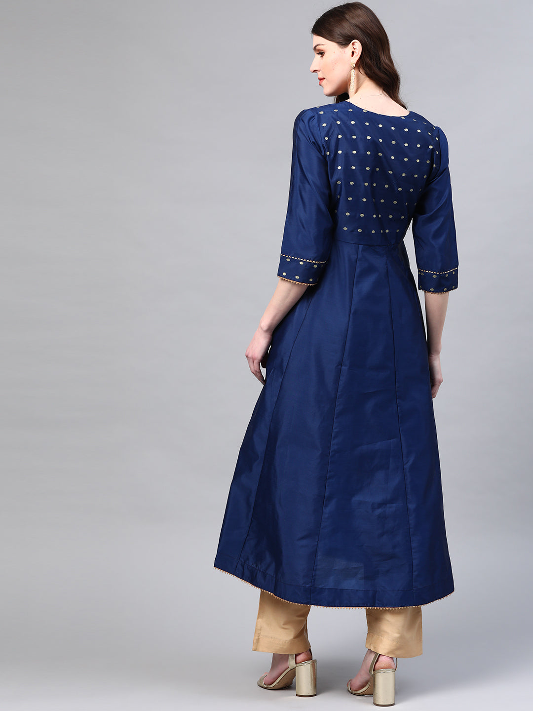 Women Navy Blue & Golden Yoke Design Angrakha Anarkali Kurta