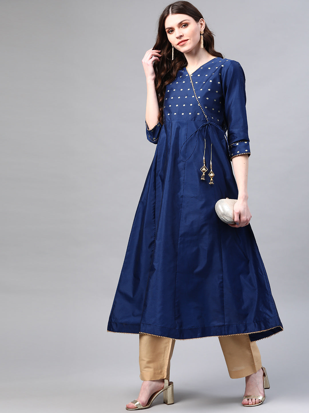 Women Navy Blue & Golden Yoke Design Angrakha Anarkali Kurta