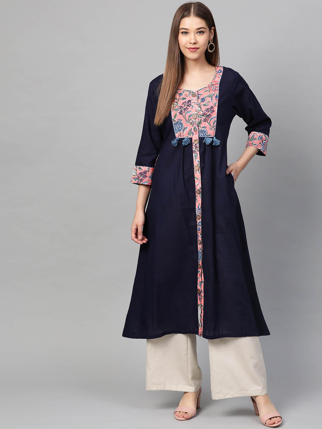 Women Navy Blue & Coral Pink Handblock Print A-Line Sustainable Kurta