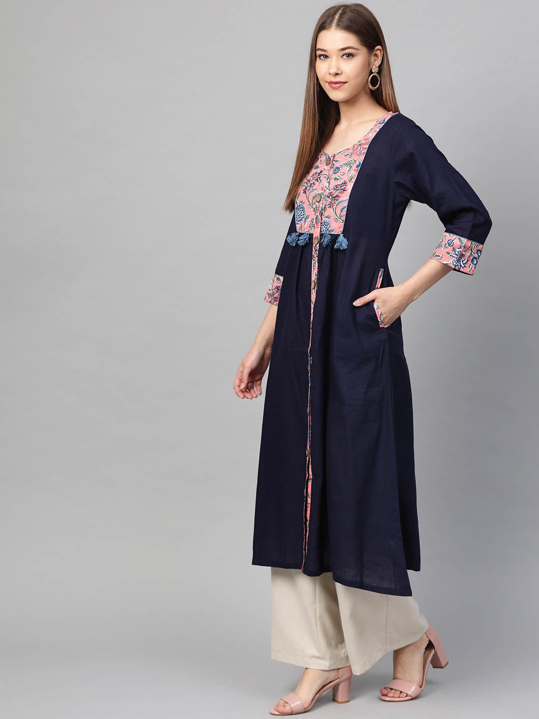 Women Navy Blue & Coral Pink Handblock Print A-Line Sustainable Kurta