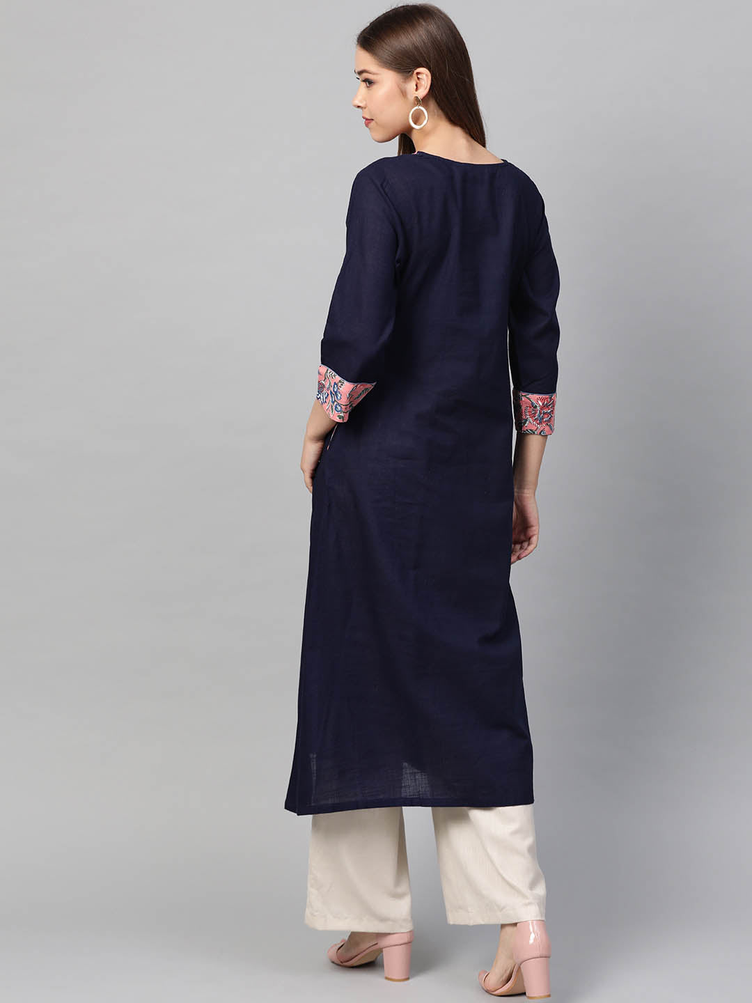 Women Navy Blue & Coral Pink Handblock Print A-Line Sustainable Kurta