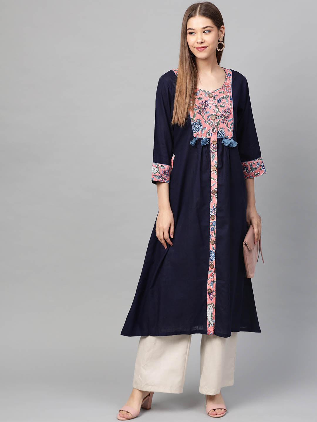 Women Navy Blue & Coral Pink Handblock Print A-Line Sustainable Kurta