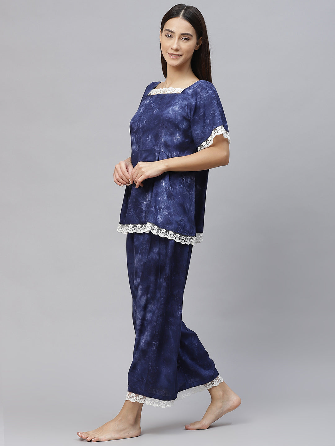 Women Navy Blue Tie & Dye Night suit