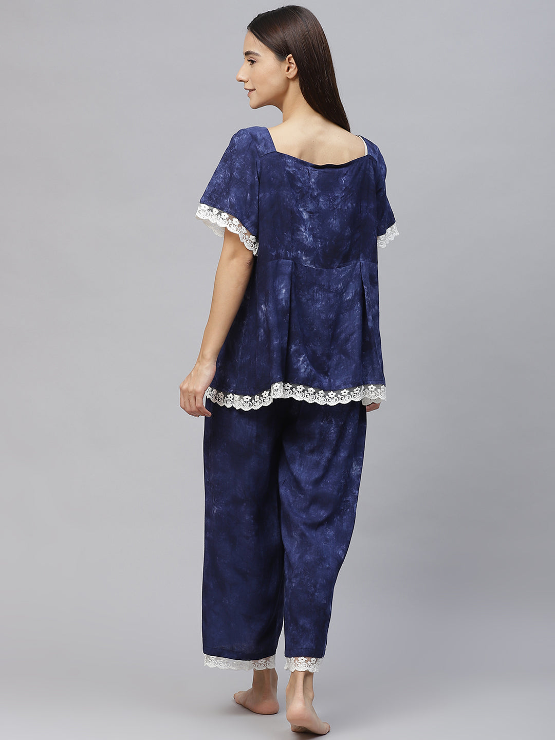 Women Navy Blue Tie & Dye Night suit