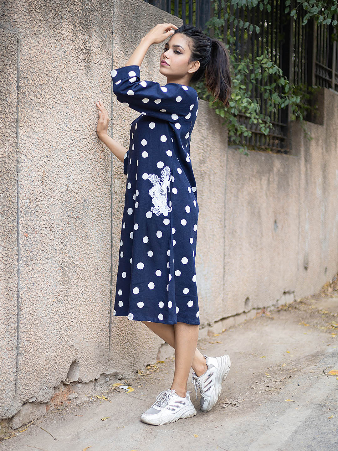 Navy blue dotted linen shift Dress