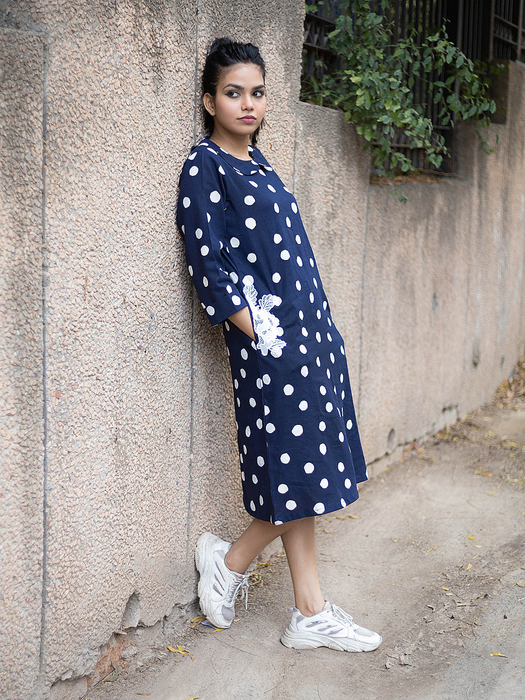 Navy blue dotted linen shift Dress