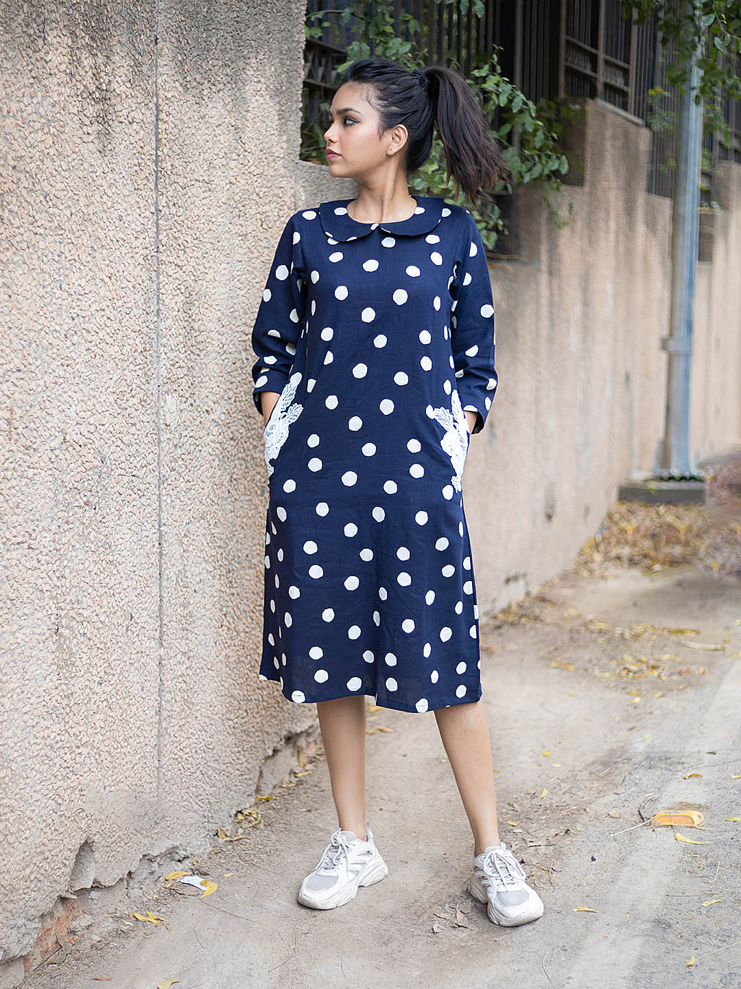 Navy blue dotted linen shift Dress