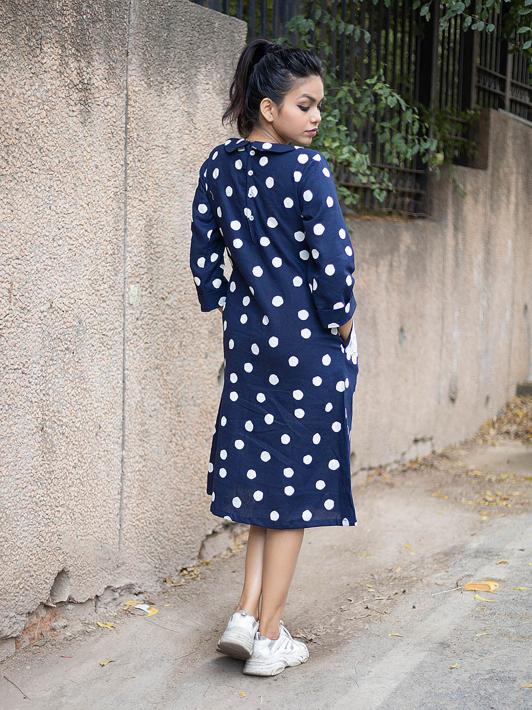 Navy blue dotted linen shift Dress