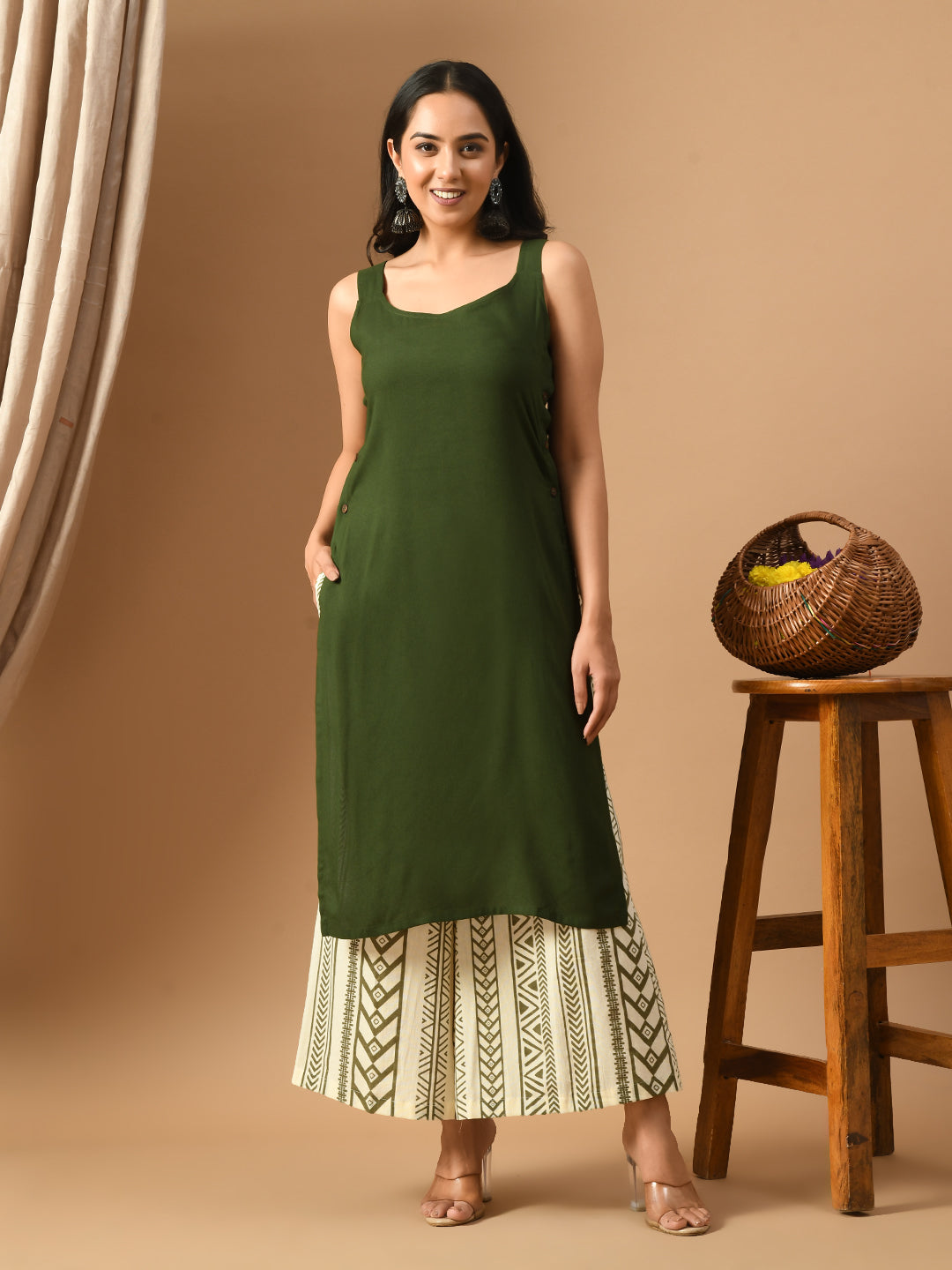 Pure Cotton olive green rayon sleeveless kurta