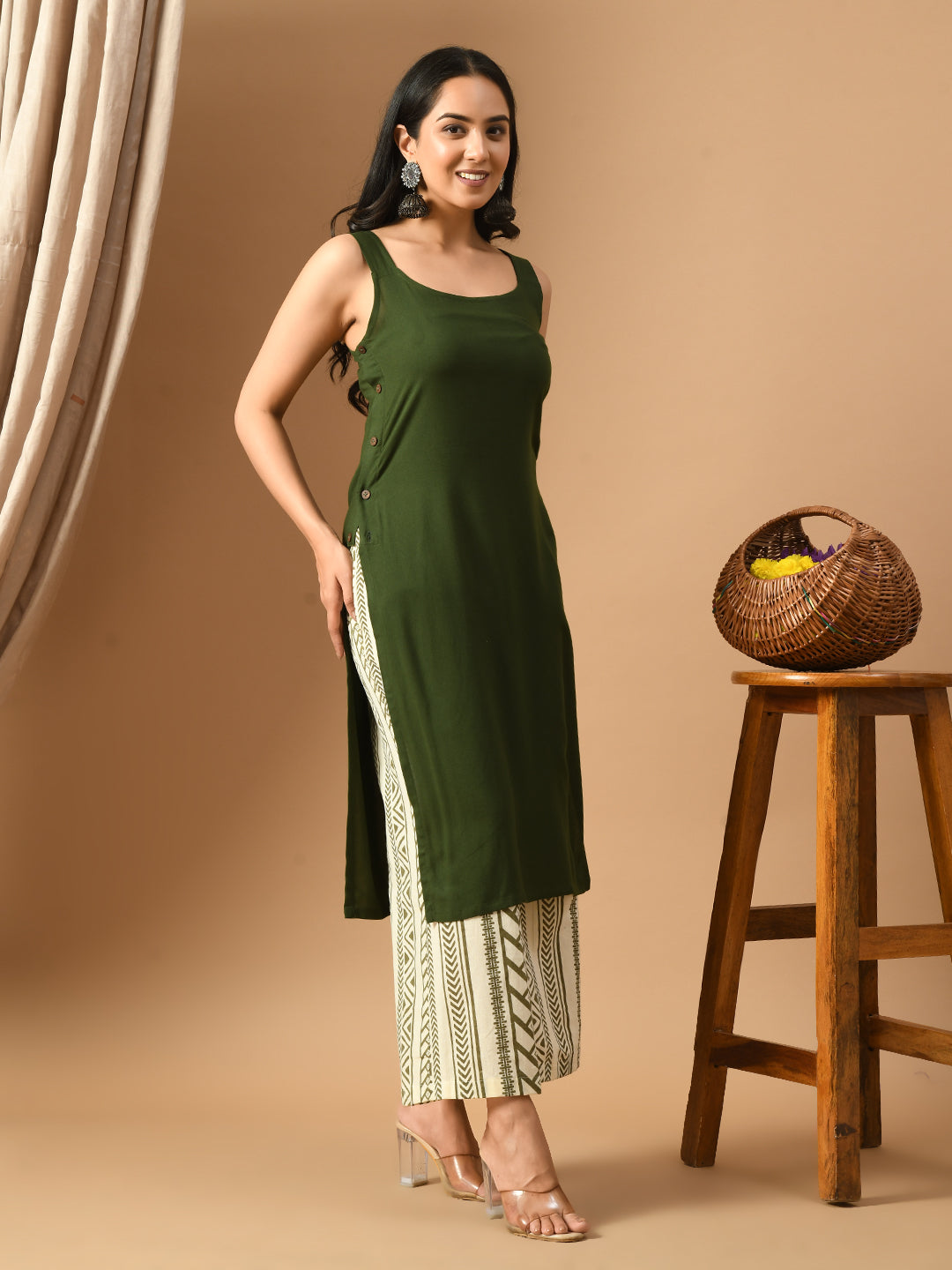 Pure Cotton olive green rayon sleeveless kurta