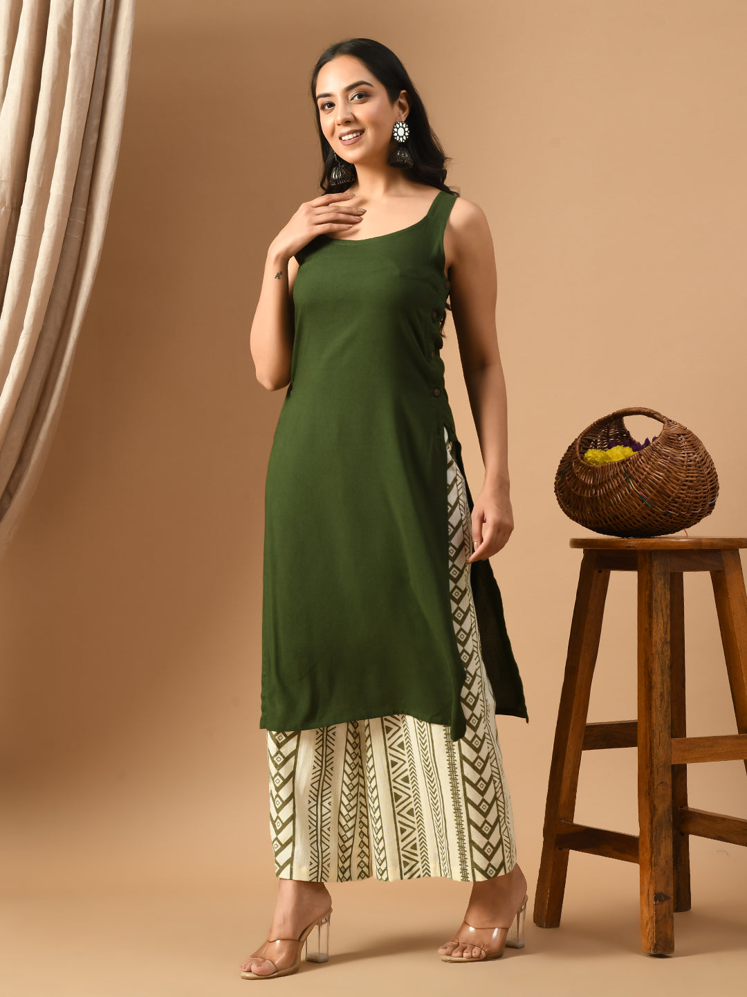 Pure Cotton olive green rayon sleeveless kurta