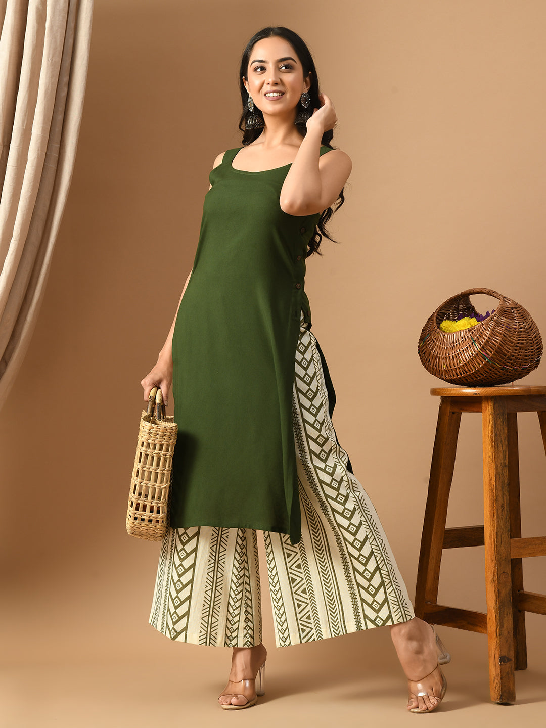 Pure Cotton olive green rayon sleeveless kurta