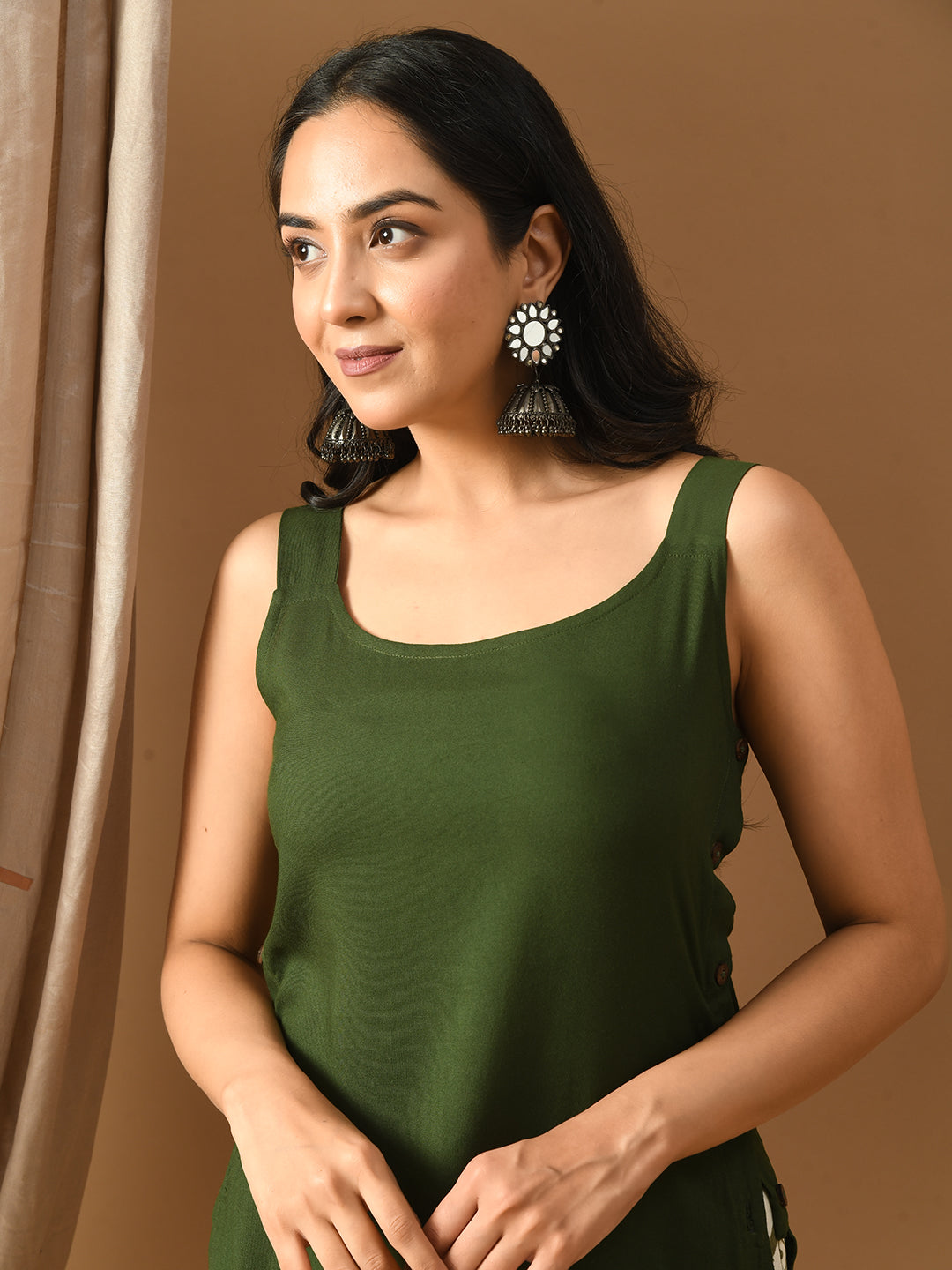 Pure Cotton Olive green rayon sleeveless kurta set