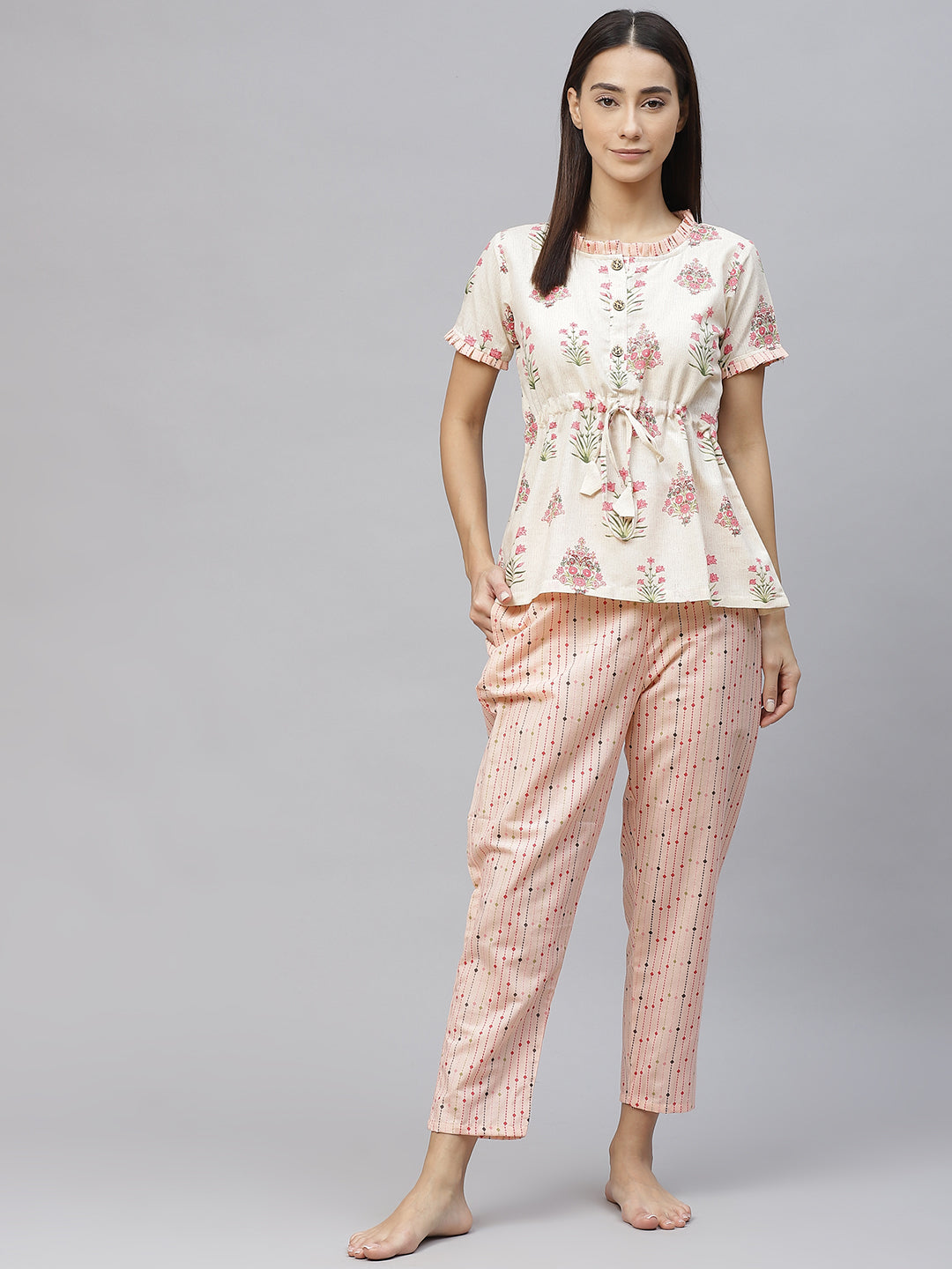 Women Beige & Pink Floral  Print Cotton Pyjama Set