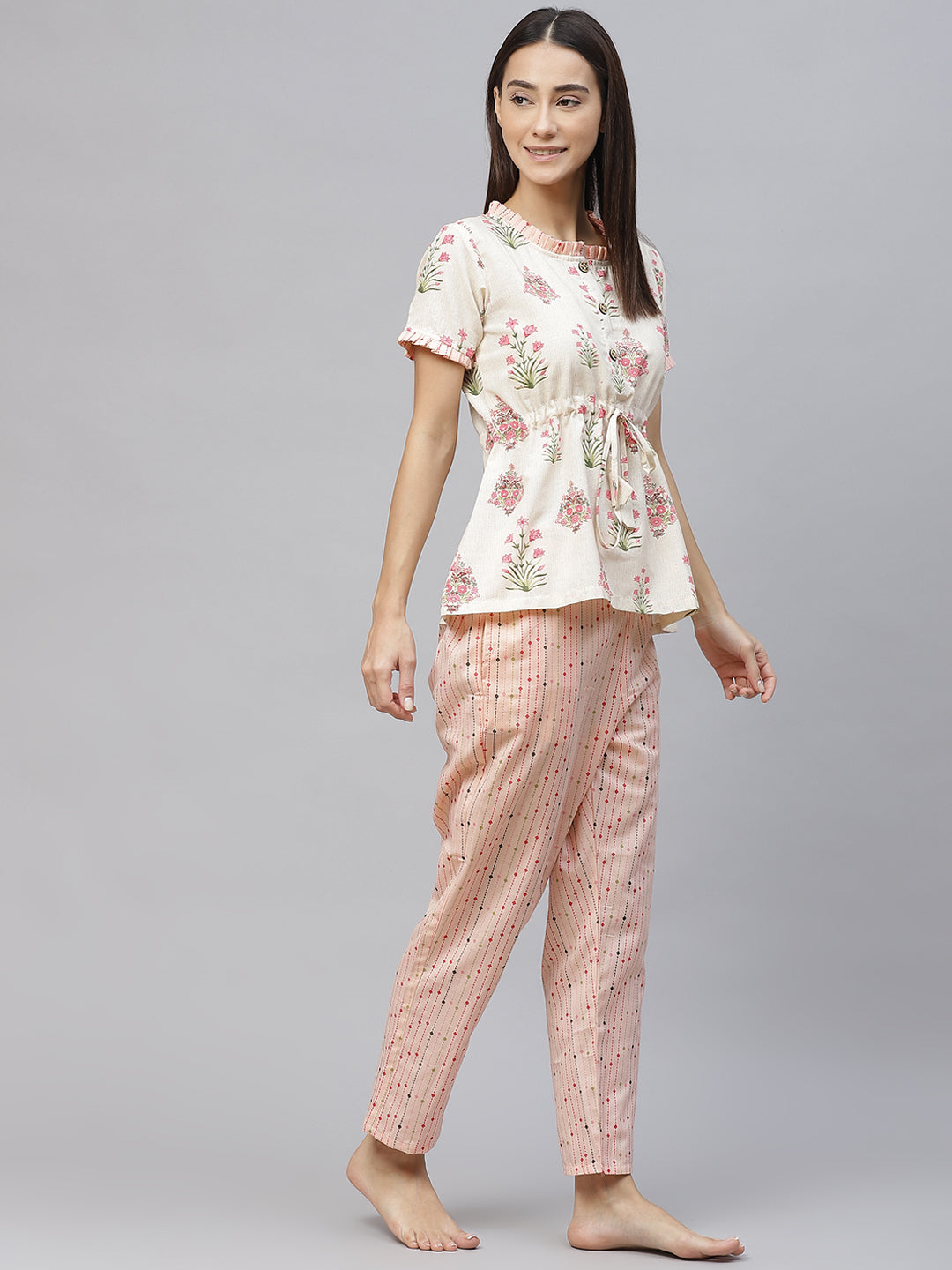 Women Beige & Pink Floral  Print Cotton Pyjama Set