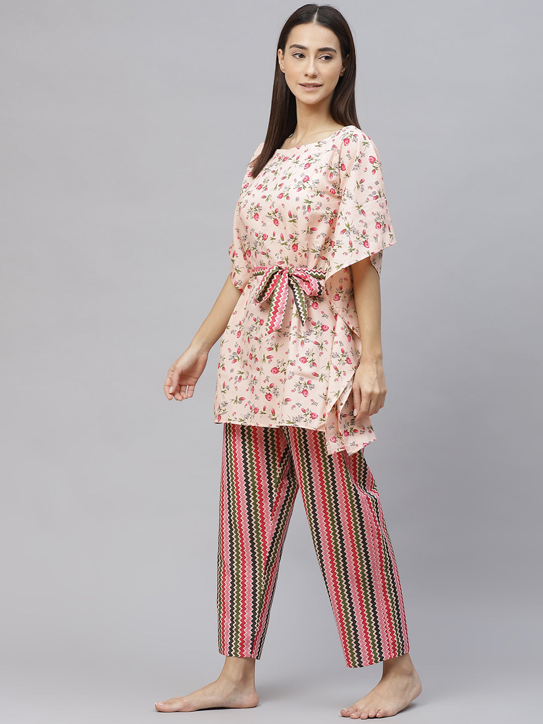 Women Peach-Coloured &  Green Floral Cotton Kaftan  Pyjama Set Belt