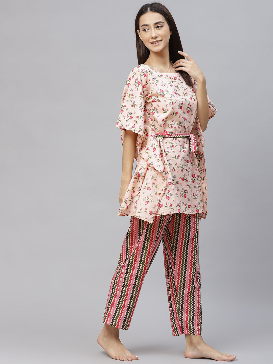 Women Peach-Coloured &  Green Floral Cotton Kaftan  Pyjama Set Belt