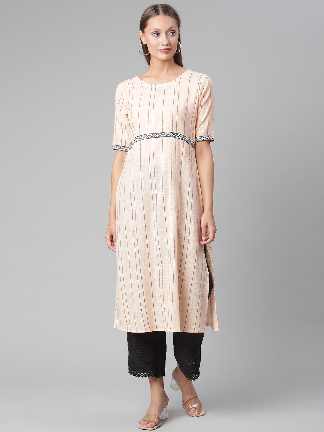 Peach Striped Thread Work Handloom Cotton Kurta