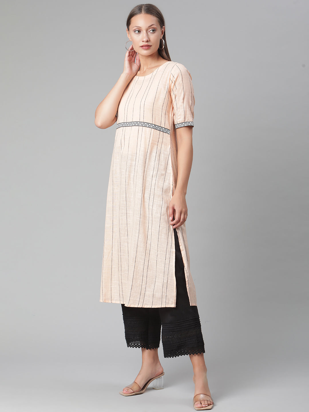 Peach Striped Thread Work Handloom Cotton Kurta