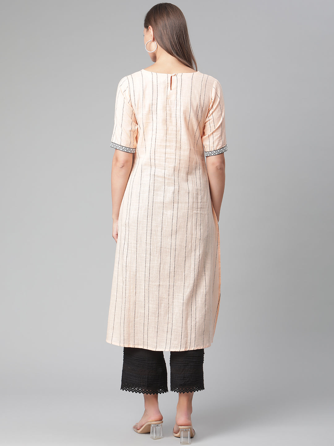 Peach Striped Thread Work Handloom Cotton Kurta