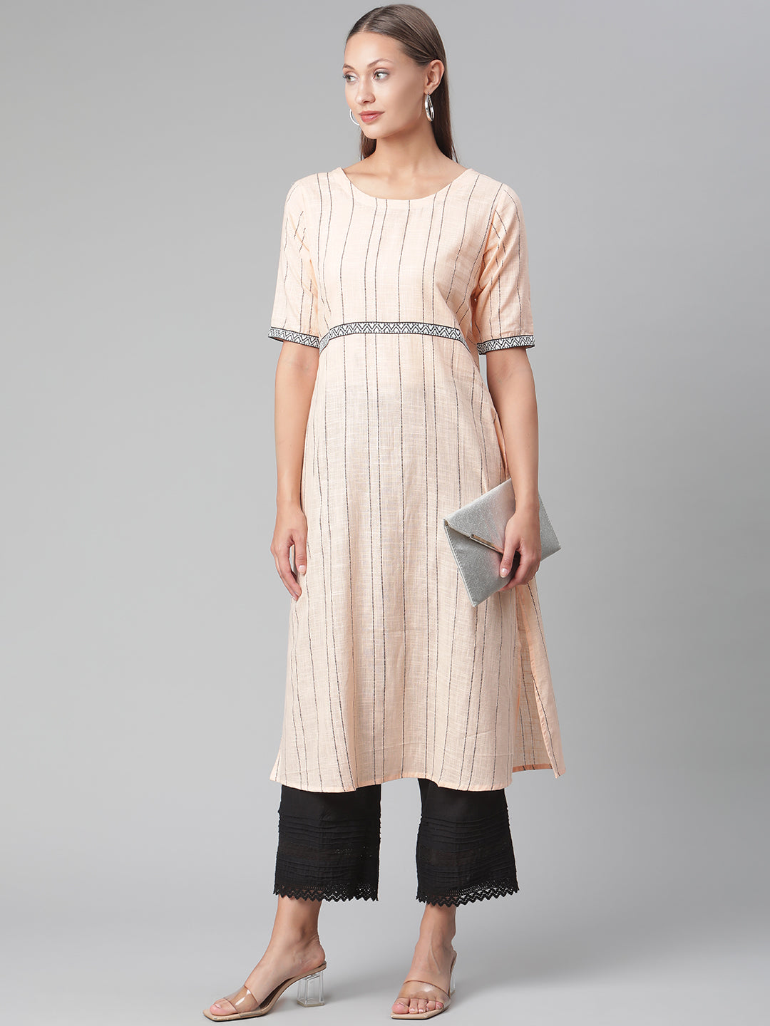 Peach Striped Thread Work Handloom Cotton Kurta