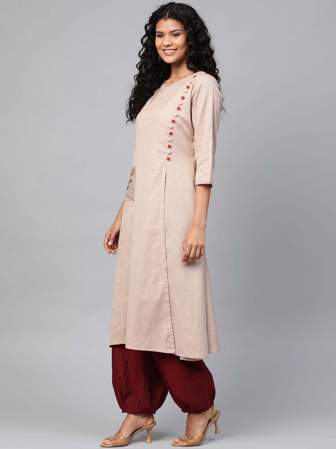 Women Taupe Embroidered High-Slit A-Line Sustainable Kurta