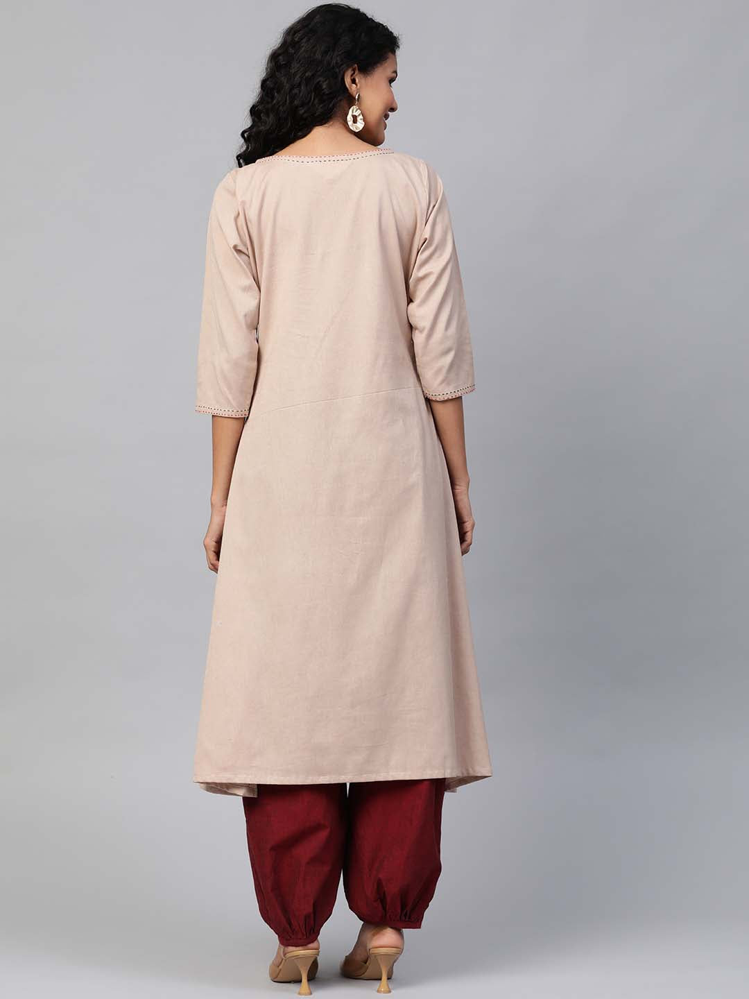 Women Taupe Embroidered High-Slit A-Line Sustainable Kurta