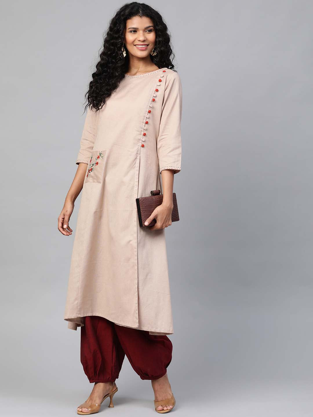 Women Taupe Embroidered High-Slit A-Line Sustainable Kurta