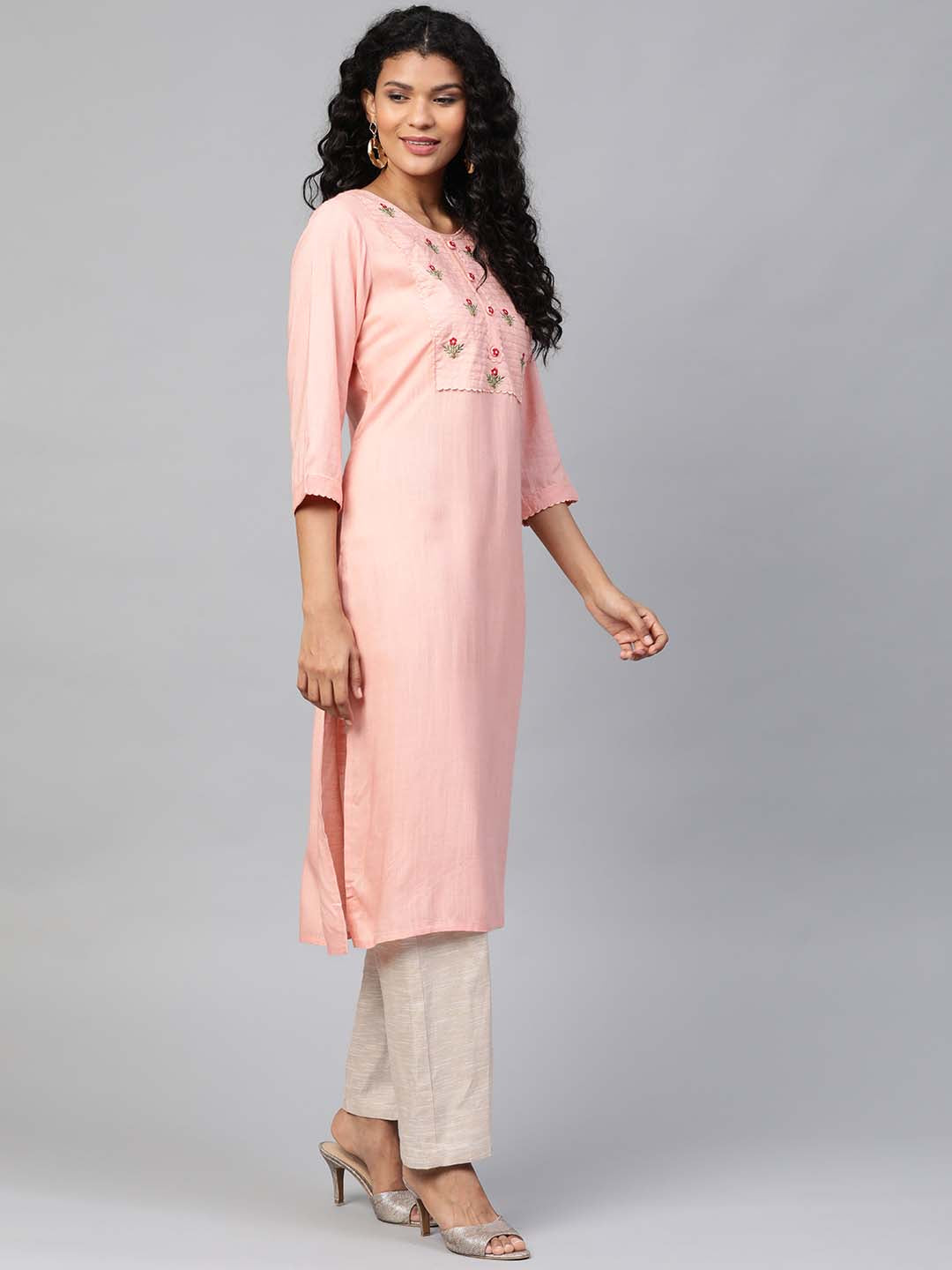 Peach-Coloured Yoke Embroidered Straight Kurta