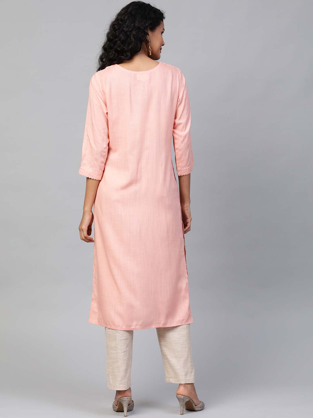 Peach-Coloured Yoke Embroidered Straight Kurta