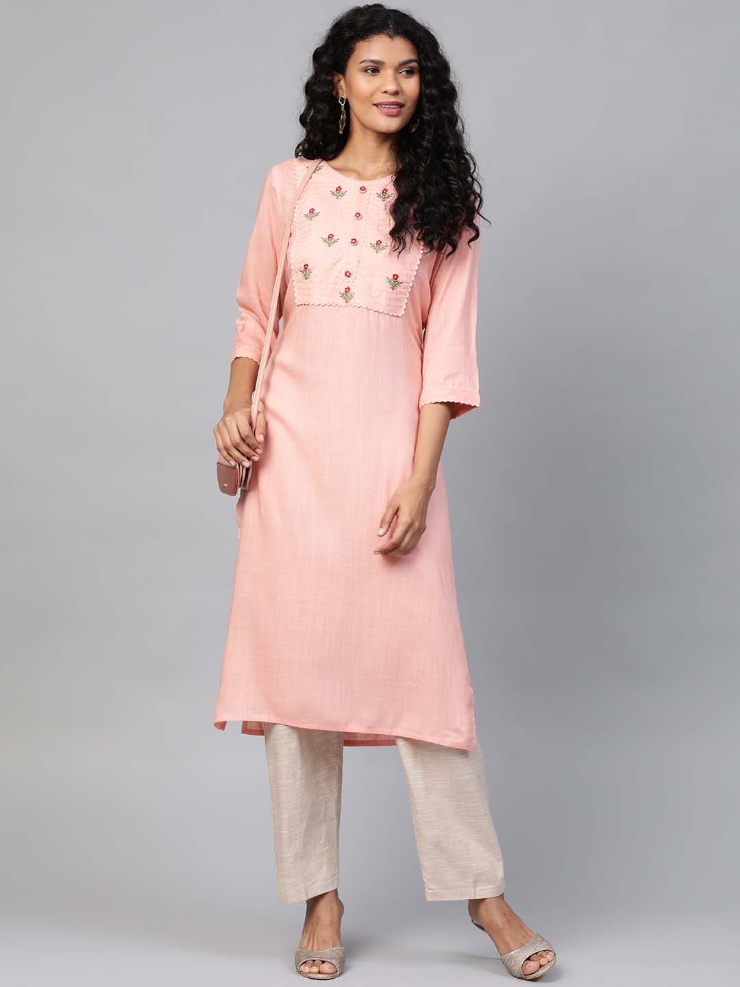 Peach-Coloured Yoke Embroidered Straight Kurta