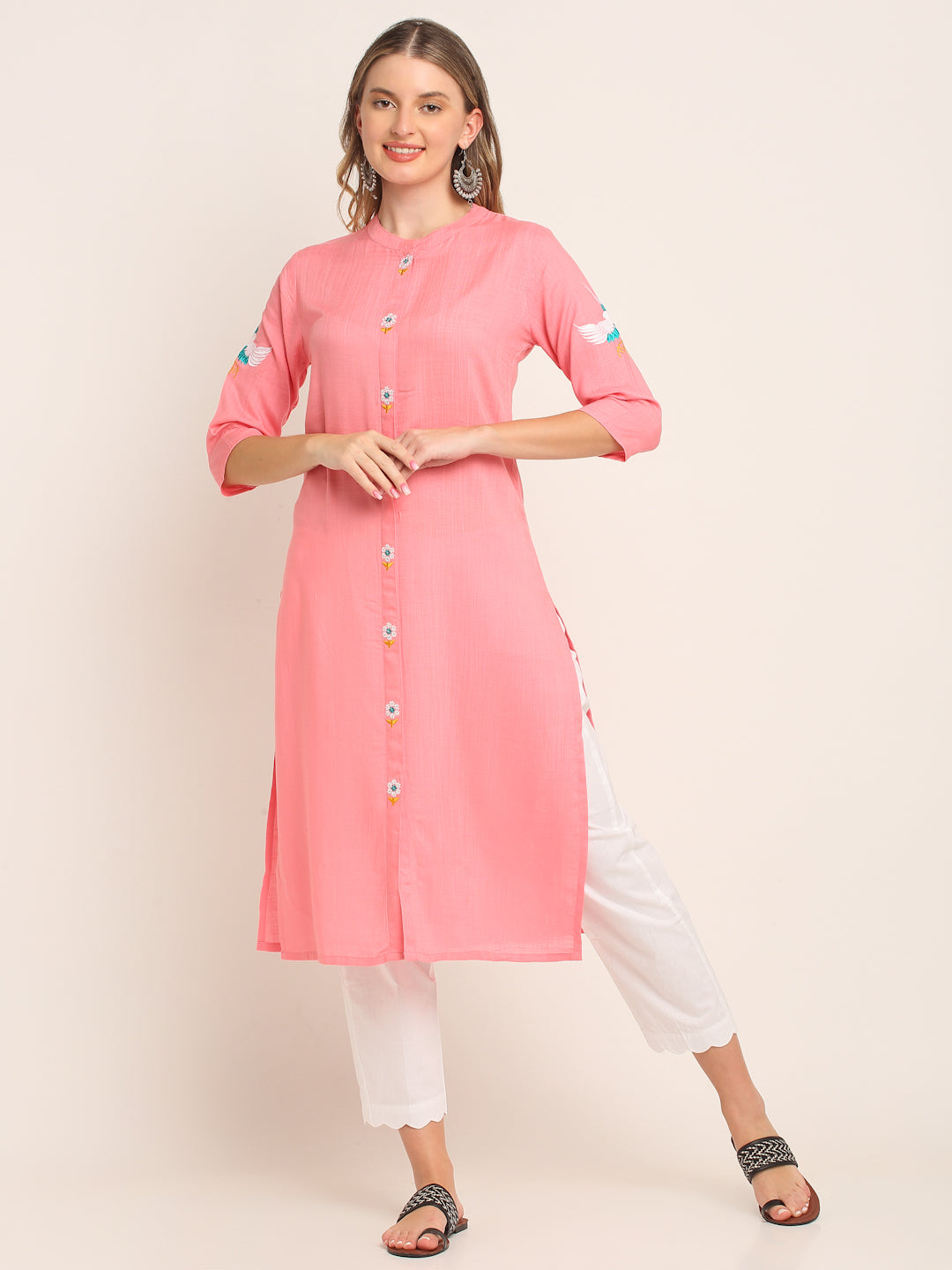 Women Rayon Pink Embroidered Kurta