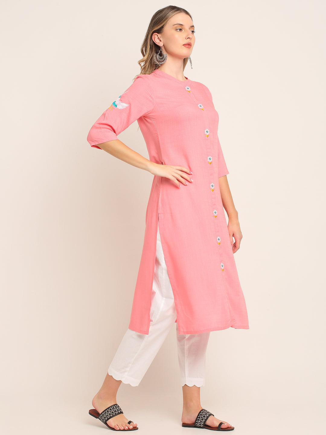 Women Rayon Pink Embroidered Kurta