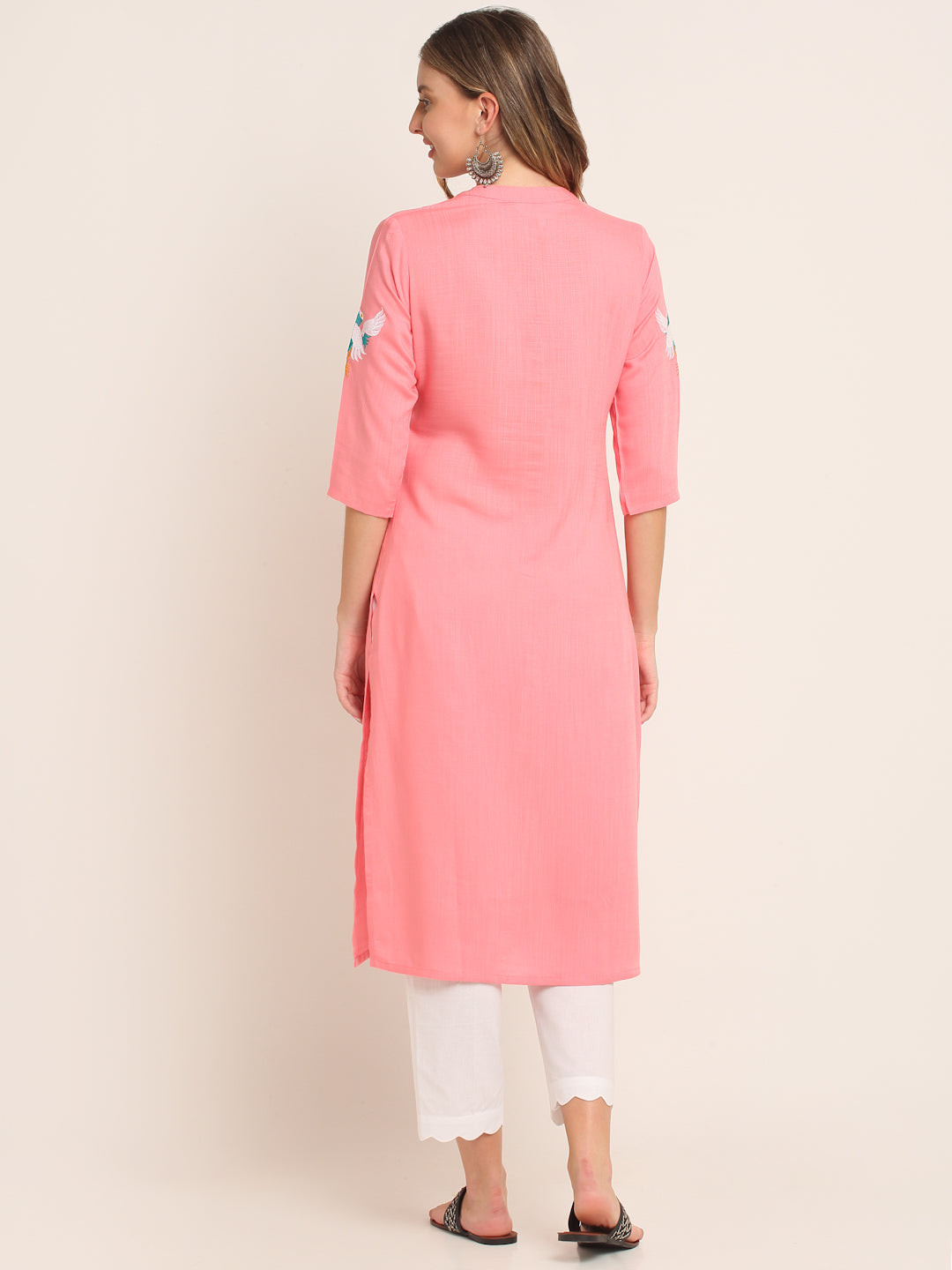 Women Rayon Pink Embroidered Kurta