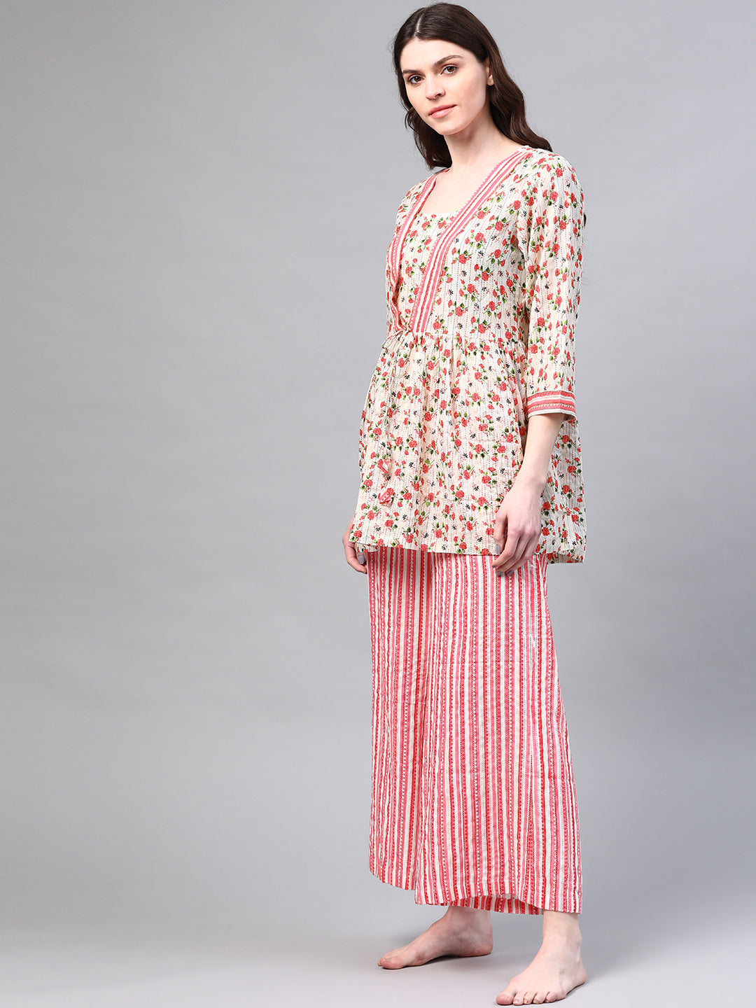 Off-White & Pink Floral  Print Pure Cotton Night suit