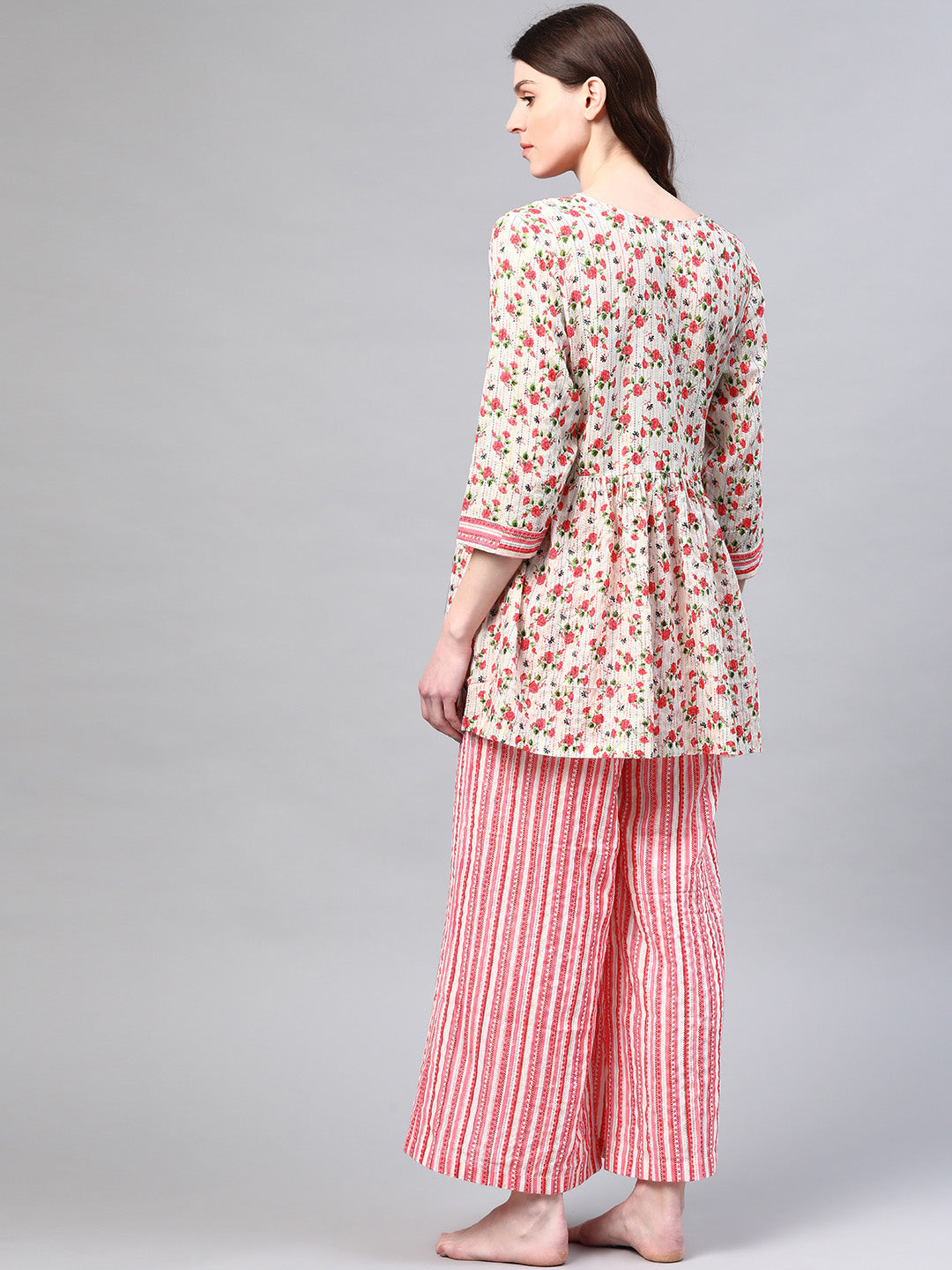 Off-White & Pink Floral  Print Pure Cotton Night suit