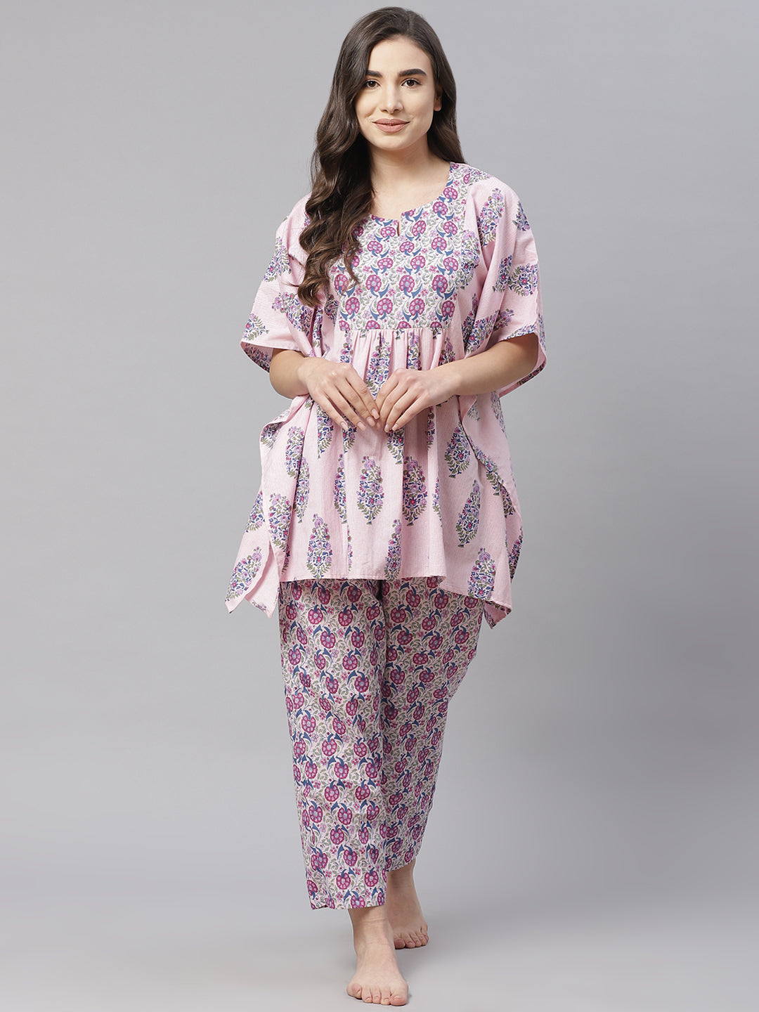 Women Pink & Blue  Floral Printed Pyjama Set