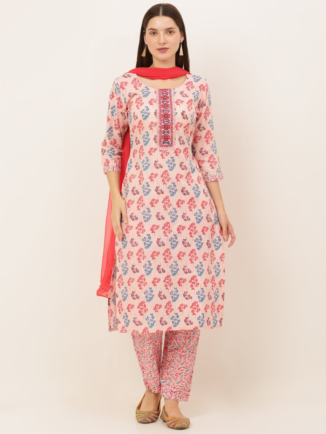 Women Pink Floral Printed Kurta with Trousers & With Dupatta