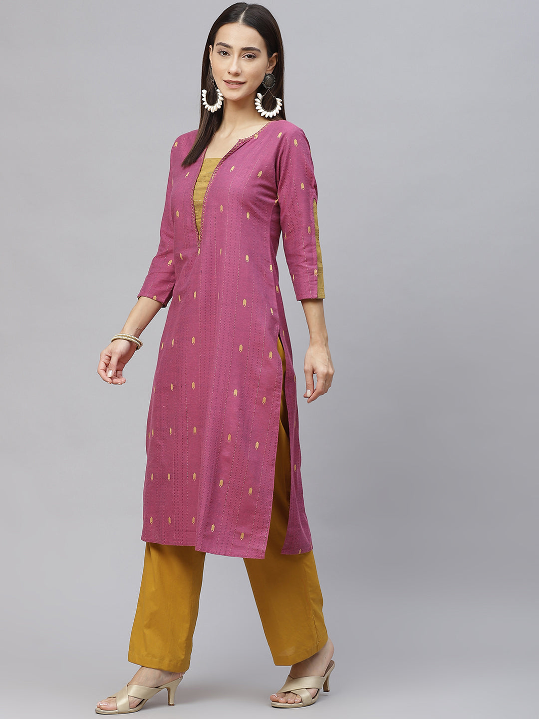 Pink & Golden Weaved Handloom  Cotton Kurta with Thread Work