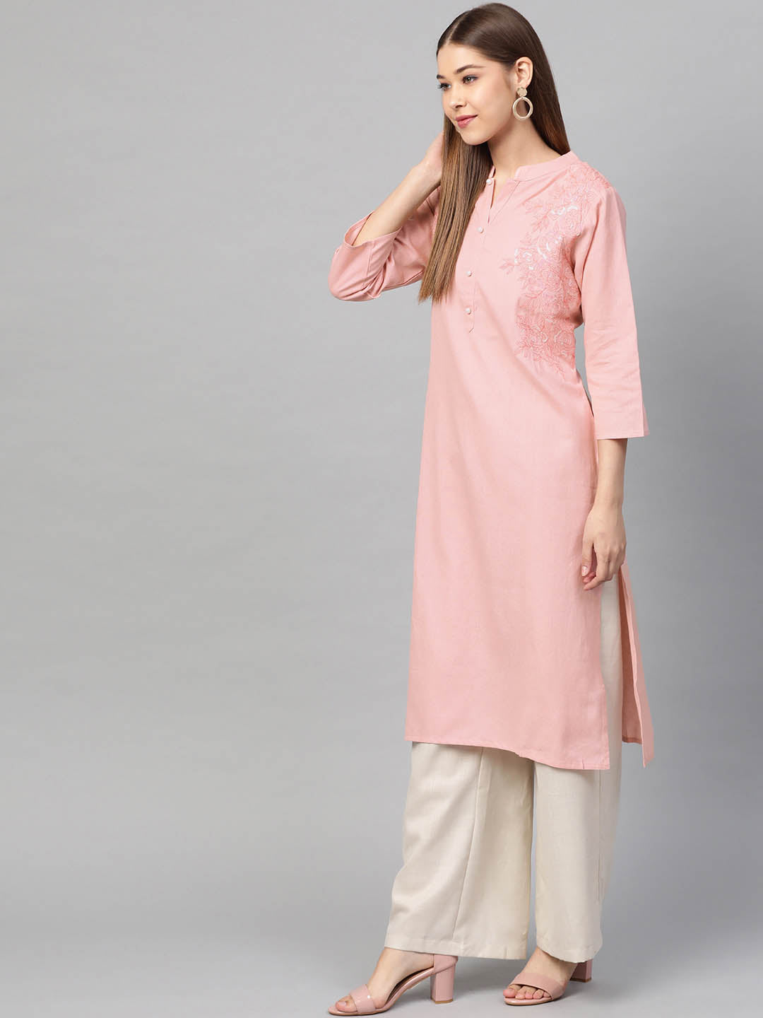 Women Pink Solid Straight Sustainable Kurta