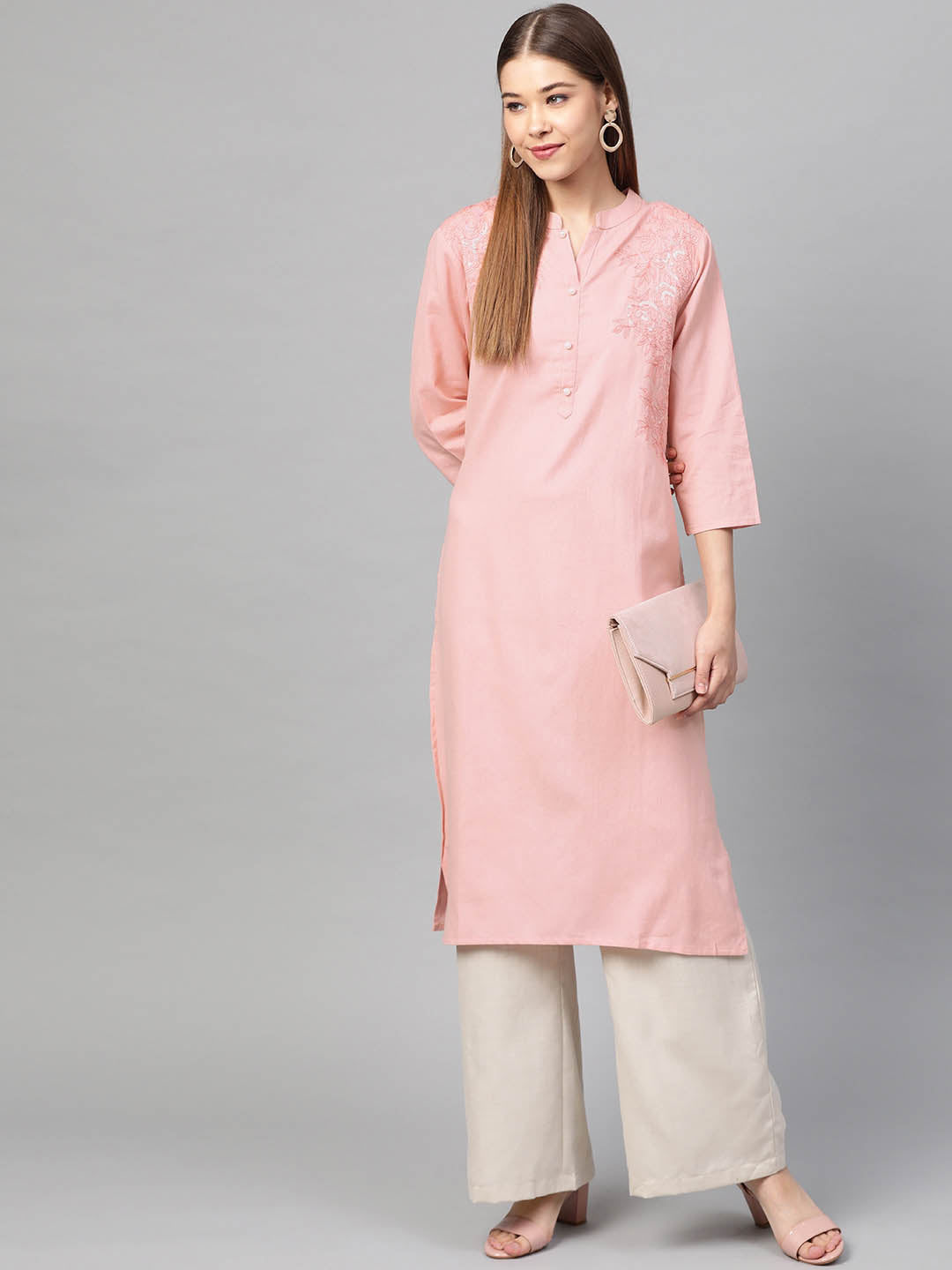 Women Pink Solid Straight Sustainable Kurta