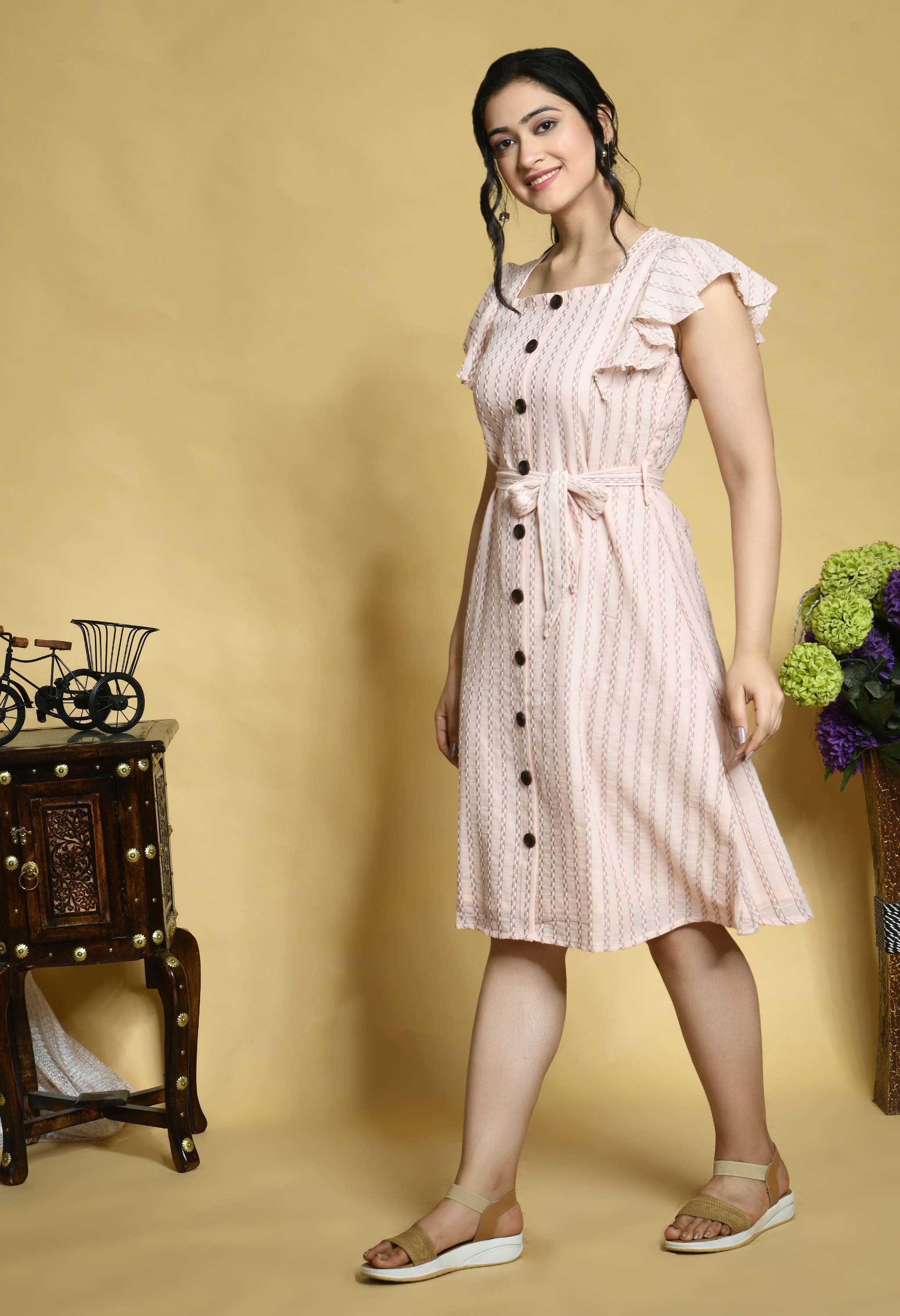 Pink Handloom Dress with Buttons in front