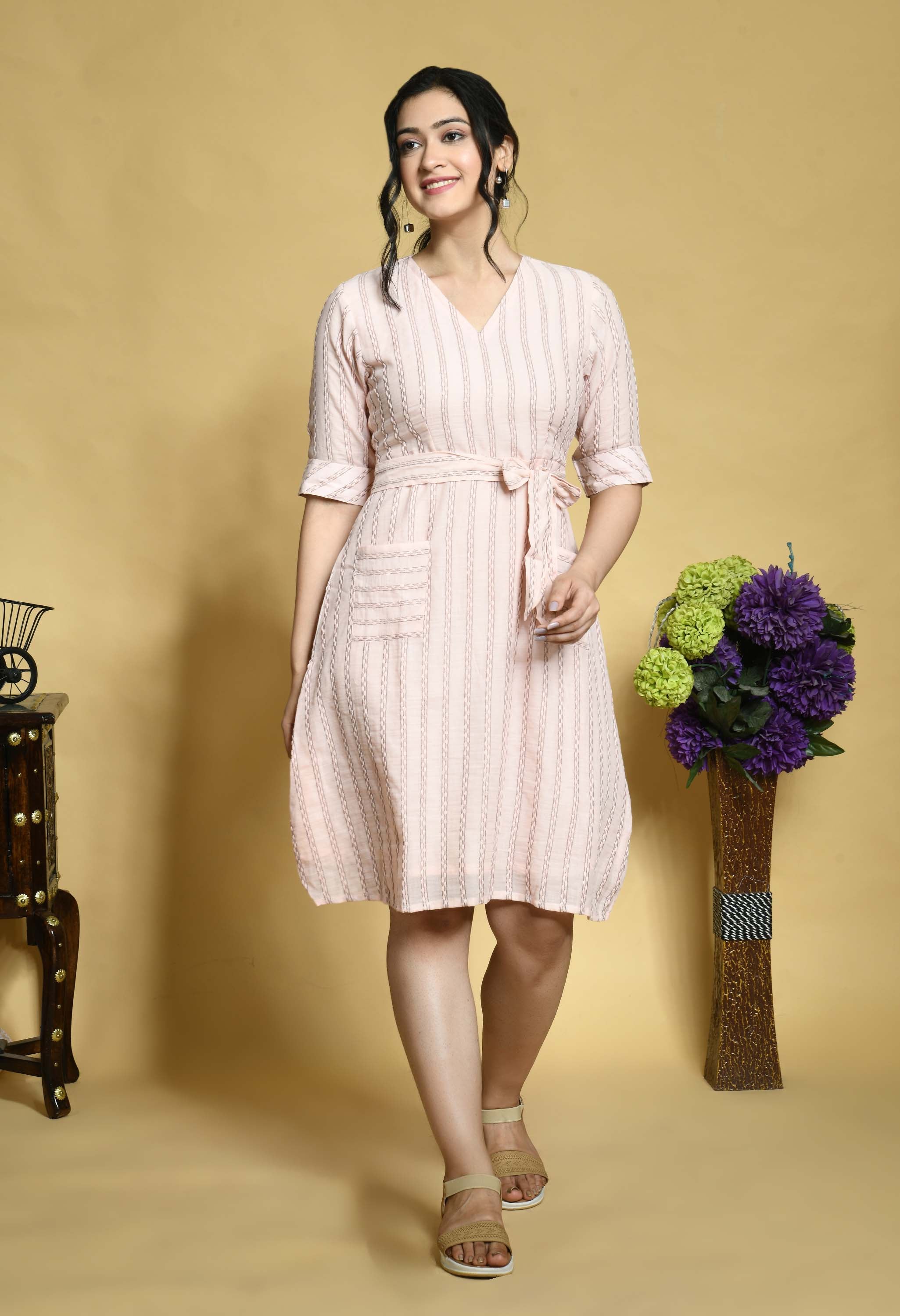 Pink Handloom Dress with Front Patch Pockets