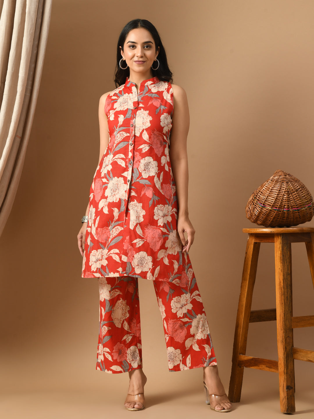 Pure Cotton red big floral printed kurta set