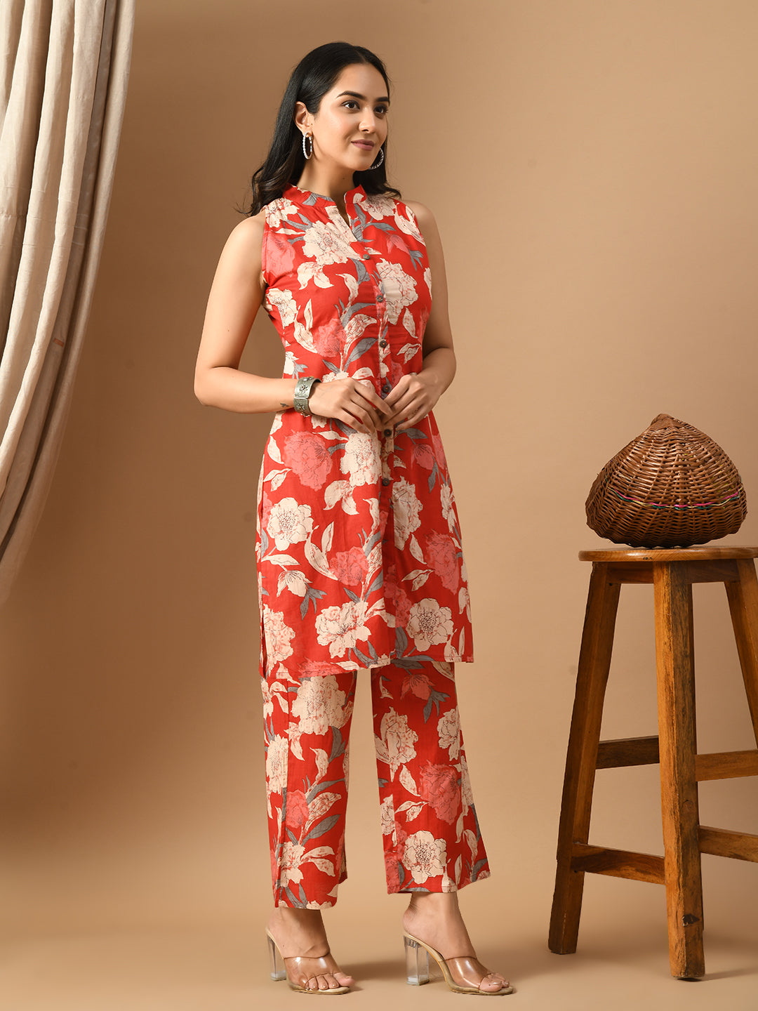 Pure Cotton red big floral printed kurta set