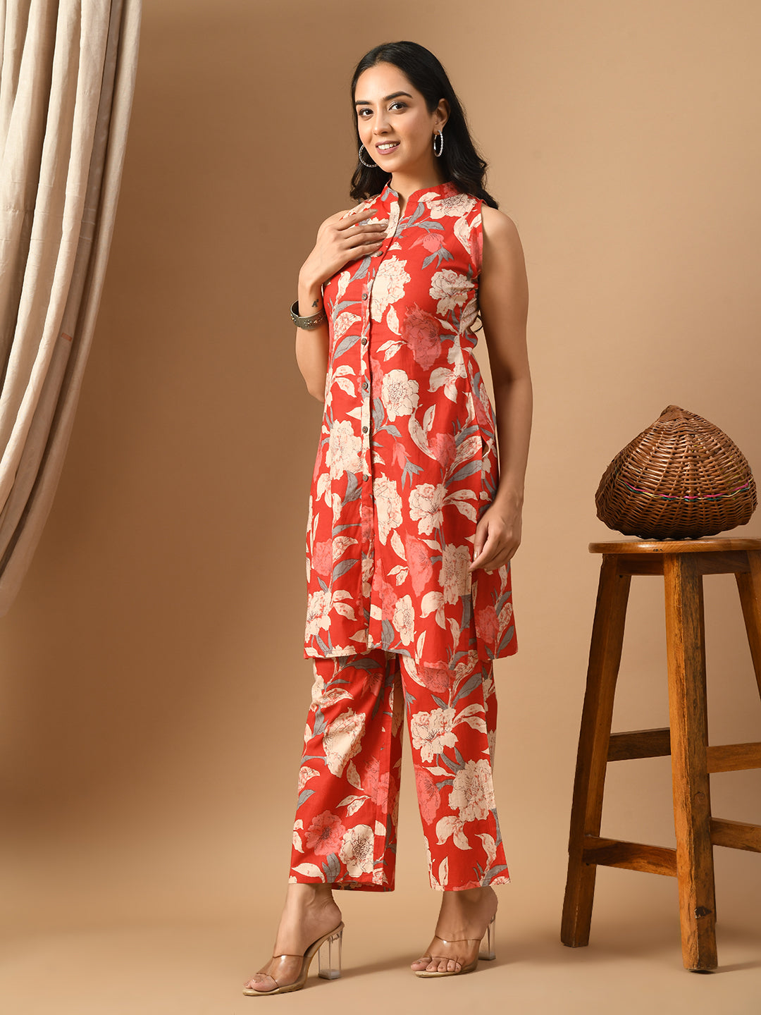 Pure Cotton red big floral printed kurta set