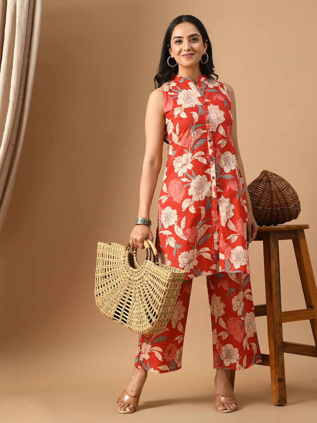 Pure Cotton red big floral printed kurta set